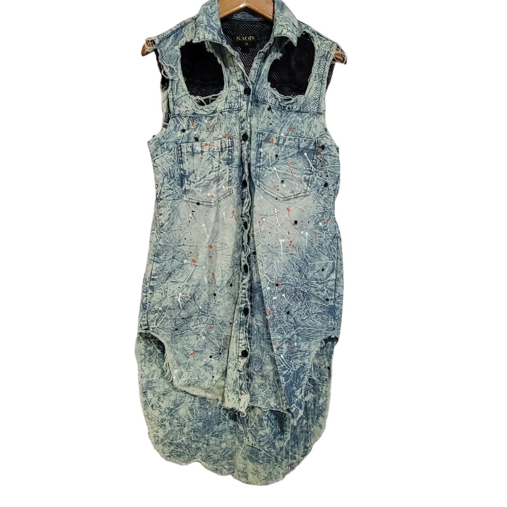 Kroix Destroyed Thrashed Sleeveless Button Up Shirt Womens Medium Paint Mesh